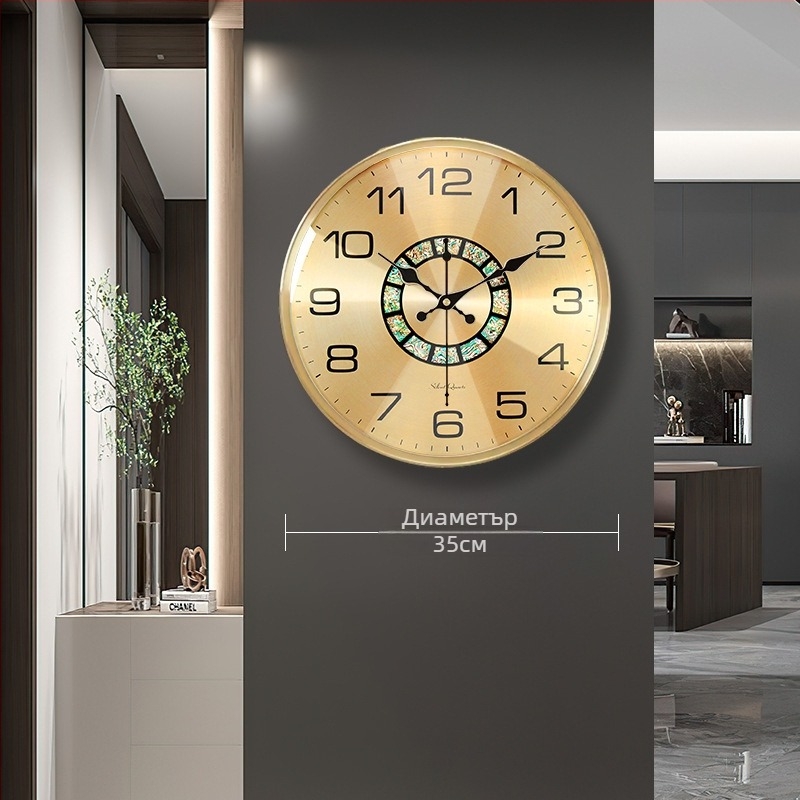 Стенно часовник, модерен кръгъл дизайн, кварцов ход със плавно движение, метален циферблат, пластмасов корпус, захранван от батерия