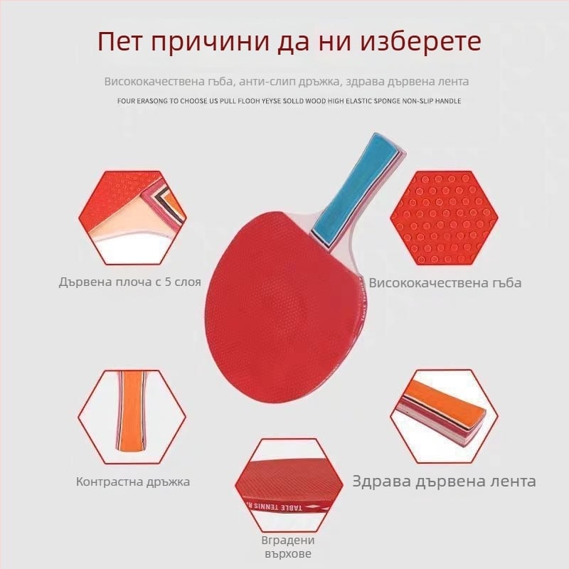 Комплект ракети за тенис на маса – 2 броя, подходящ за начинаещи и за забавление на деца и възрастни, PE лезвие, гума с дълъг лепкав слой, прав захват