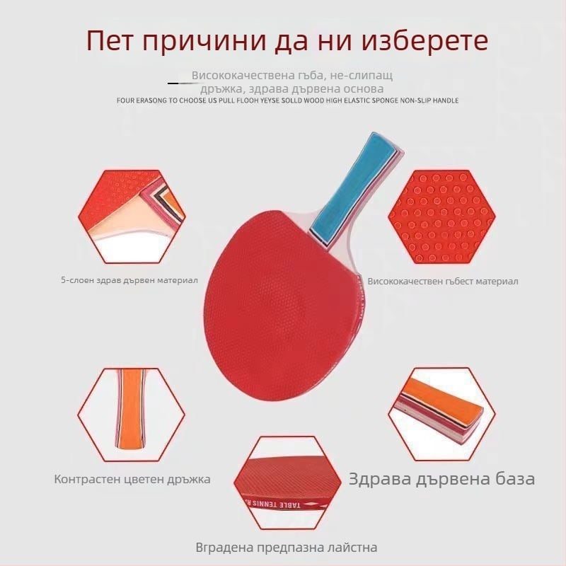 Комплект ракети за тенис на маса – 2 броя, подходящ за начинаещи и за забавление на деца и възрастни, PE лезвие, гума с дълъг лепкав слой, прав захват