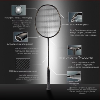 Бадминтон ракета с карбонова рамка, тегло 85–89 г, ръкохватка G4, дизайн за прав удар, умерена твърдост на пръчката