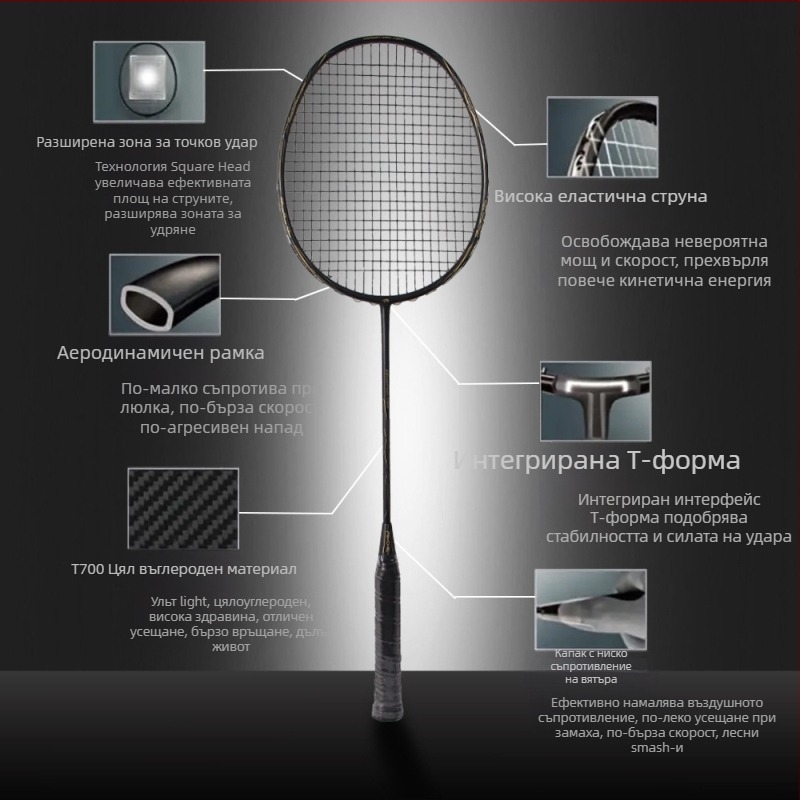 Бадминтон ракета с карбонова рамка, тегло 85–89 г, ръкохватка G4, дизайн за прав удар, умерена твърдост на пръчката