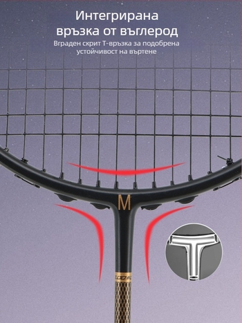 Бадминтон ракета с карбонова рамка • тегло 80–84 г • дължина 674±5 мм • дебелина на дръжката G-5 • тип ракета: straight