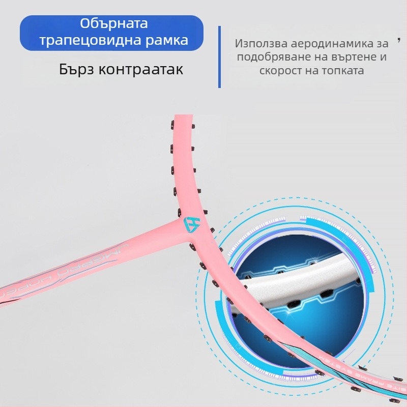 Бадминтон ракета: карбонова рамка, найлонови струни, средна твърдост, балансиран дизайн, висока еластичност