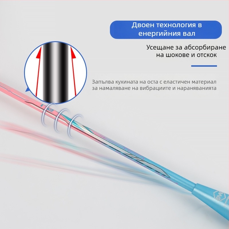 Бадминтон ракета: карбонова рамка, найлонови струни, средна твърдост, балансиран дизайн, висока еластичност