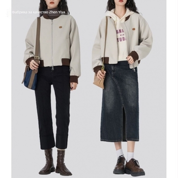 Casual дамско горнище със Chenille и спандекс, дълги ръкави, бейзболна яка, средна дължина, зима 2025