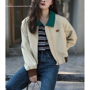 Casual дамско горнище със Chenille и спандекс, дълги ръкави, бейзболна яка, средна дължина, зима 2025