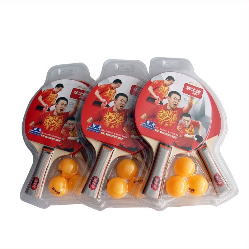 Huashi ракетка за тенис на маса – двустранни гуми, Shakehand хват, дървена основа от твърдо дърво, комплект 2 ракети и 3 топки, за начинаещи