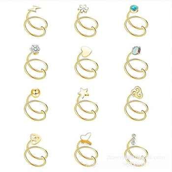 Унисекс носна халка от неръждаема стомана, двойна халка, мотиви сърце, звезда и светкавица, електроплатирана