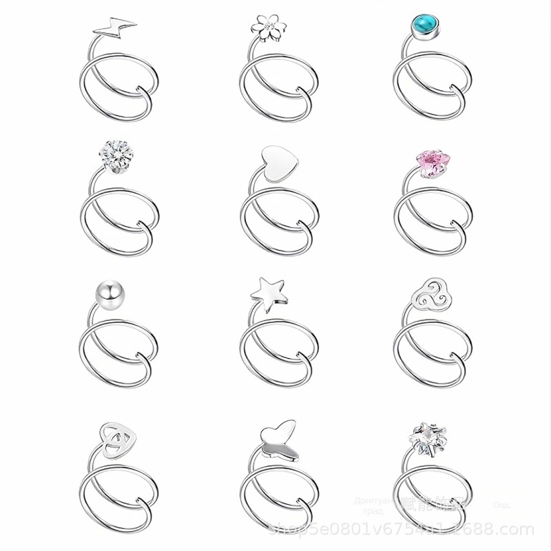 Унисекс носна халка от неръждаема стомана, двойна халка, мотиви сърце, звезда и светкавица, електроплатирана