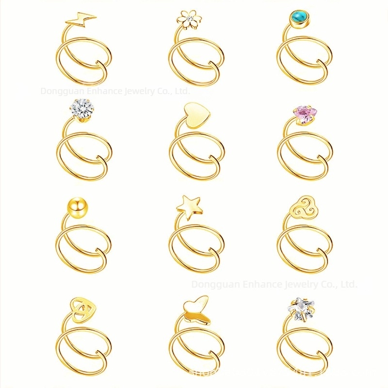 Унисекс носна халка от неръждаема стомана, двойна халка, мотиви сърце, звезда и светкавица, електроплатирана