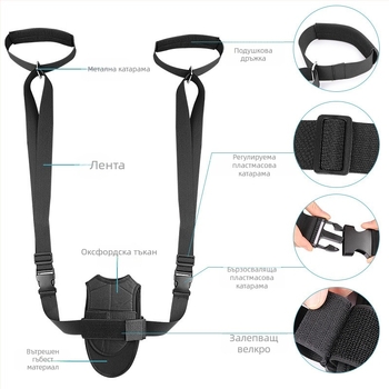 Разтягаща лента за йога — Foot products collection; Материали: гъба, оксфордска тъкан, велкро, пластмасова катарама, метална катарама, уебинг лента; Код на продукта: 108 stretch foot drop; Приложение: здравословен масаж, фитнес и красота