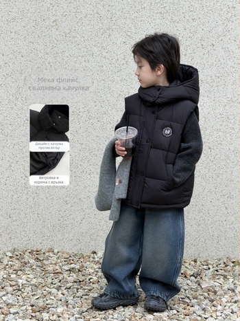 Детска зимна пухена жилетка за момчета, с качулка, къс силует, свободен крой, съдържание на пух 86–90%