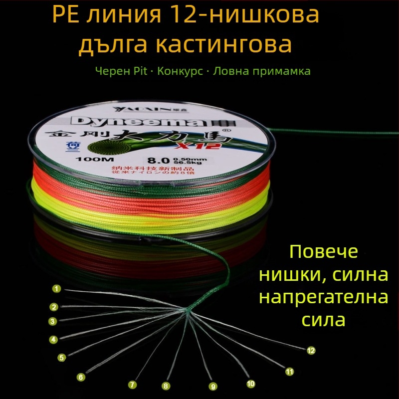 Основна линия, PE преплетена с 12-, 8- и 4-струндове, за дълги замятания, висока здравина, уловна сила 10–100 кг