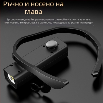 LED челник с подвижна ушна закачалка, 5W, 1000mAh, ръчно задвижване, презареждаем, с включено зарядно, за нощен риболов и планински походи