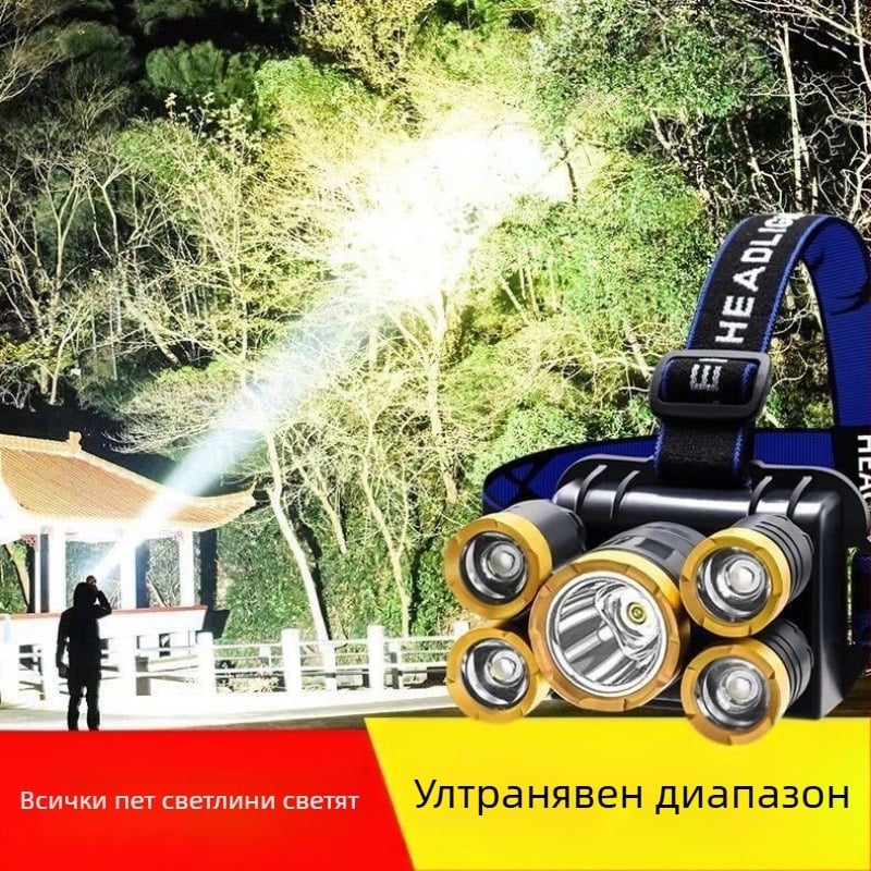 Петглав челник с ултраярна LED светлина, презареждащ се, ръчно задвижван, 3W, обхват до 50 м
