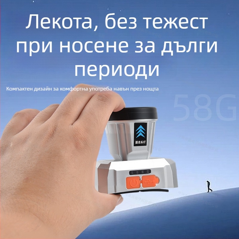 Зареждаема LED челна лампа за деца – лека 58 g, водоустойчива, лъч 100–300 m, Т-образна лента