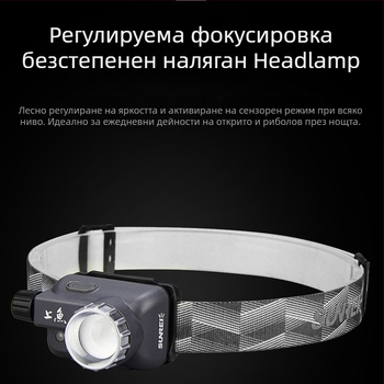 Челна лампа за нощен риболов, презареждаща се LED, регулируем фокус, безстепенно димериране, за носене на глава, 200 м лъч, 90 ч време на работа