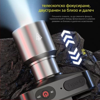 Челно фенерче с LED, презареждащ се, 10W, 1800mAh, алуминиева сплав, обсег 100–200 м