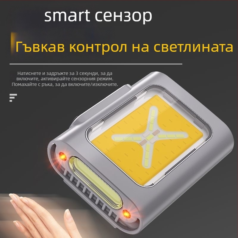 Динамичен сензор за светлина за щипка към шапка, презареждаща LED лампа, водоустойчива, батерия 500 mAh, обхват 100–200 м