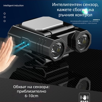 LED светлина за шапка с клип – презареждаема батерия 1400 mAh, USB зареждане, мощност 10 W, LED източник, обхват 100–200 м