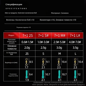 Кутия с 10 силиконови space beads за риболов, комплект 7+1, включва 8-образен пръстен