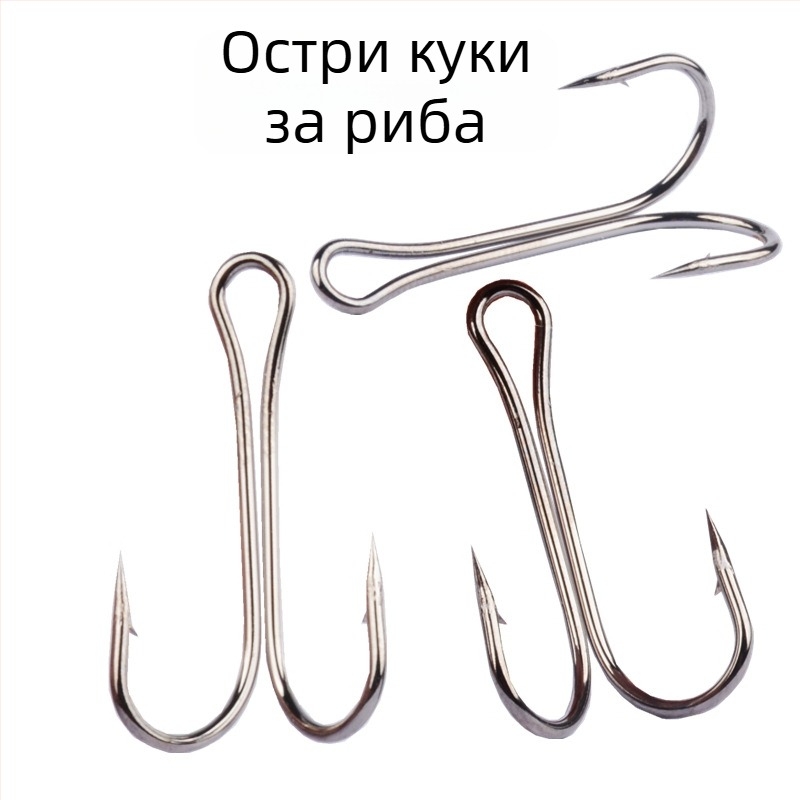 50-частов комплект риболовни куки: двойни и бодливи, размери No.6–No.10
