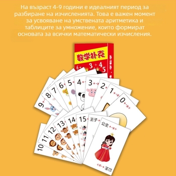 Образователни карти за устно смятане: бързо изчисление на събиране, изваждане, умножение и деление — учебно помагало за родители и деца, настолна игра; материал: хартия; възраст: 7–14; опаковка: цветна кутия; вид: карти