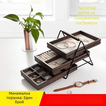 Дървен държач за бижута, 3-етажен настолен дисплей за обици и пръстени, японски стил