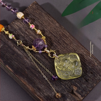 Медальон с аметист и мед, етнически стил, марка Qiu yi