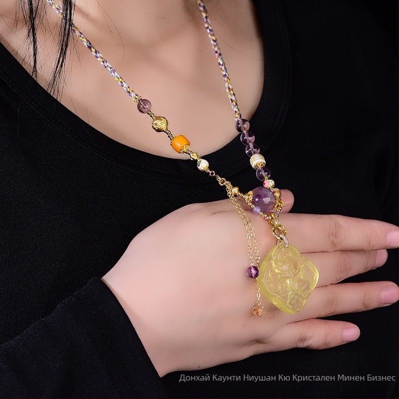 Медальон с аметист и мед, етнически стил, марка Qiu yi
