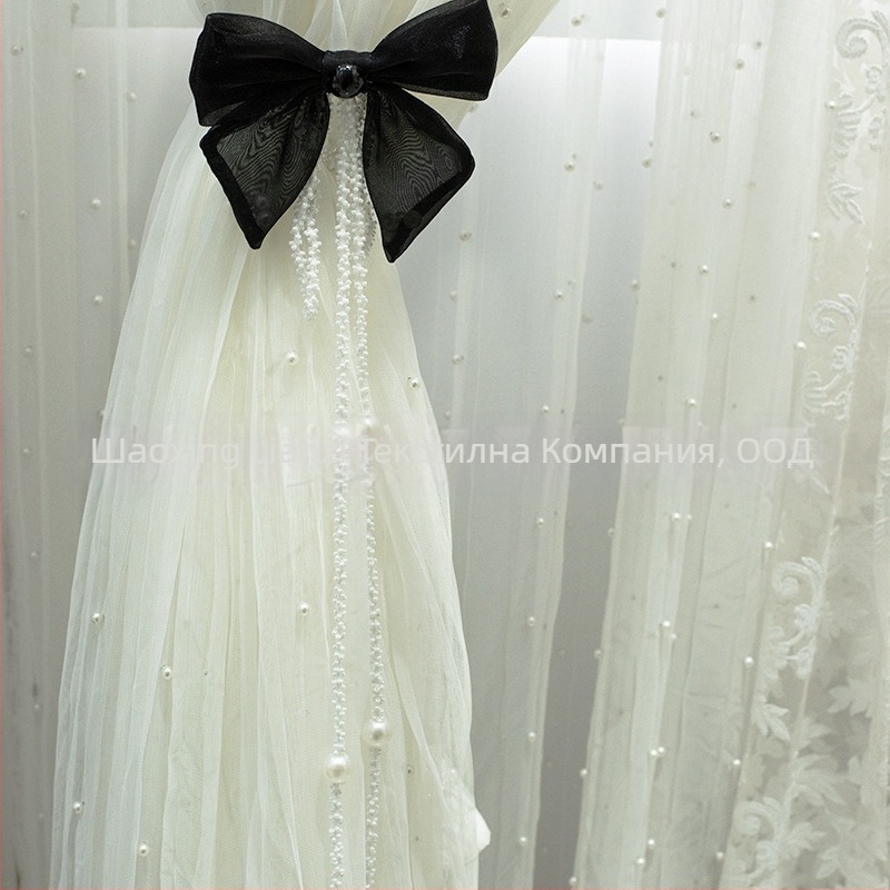 Украса за тюлеви завеси с перли и панделка – модерен минималистичен аксесоар за завеси, материал: химическо влакно