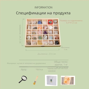 Сет от естествени кристално-фосил камъни, минерал, дървена кутия за опаковане, модерен минималистичен стил, марка shiguang period