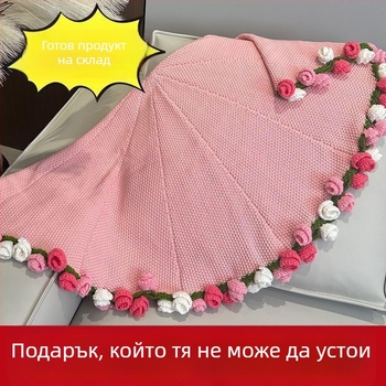Ръчно плетено одеяло с букет рози, модел растения и цветя, полиестер, хавлиено одеяло, за всички сезони