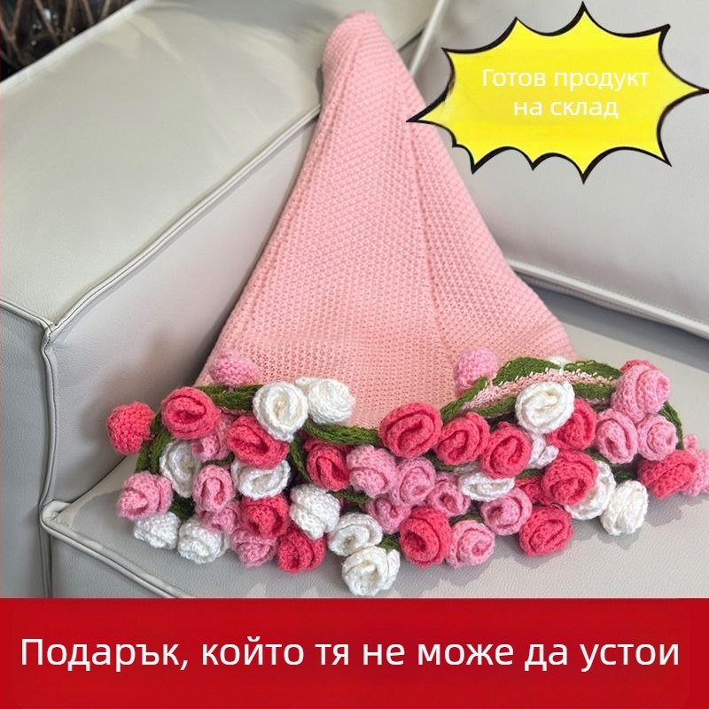 Ръчно плетено одеяло с букет рози, модел растения и цветя, полиестер, хавлиено одеяло, за всички сезони