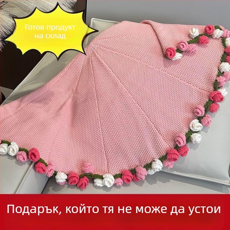 Ръчно плетено одеяло с букет рози, модел растения и цветя, полиестер, хавлиено одеяло, за всички сезони