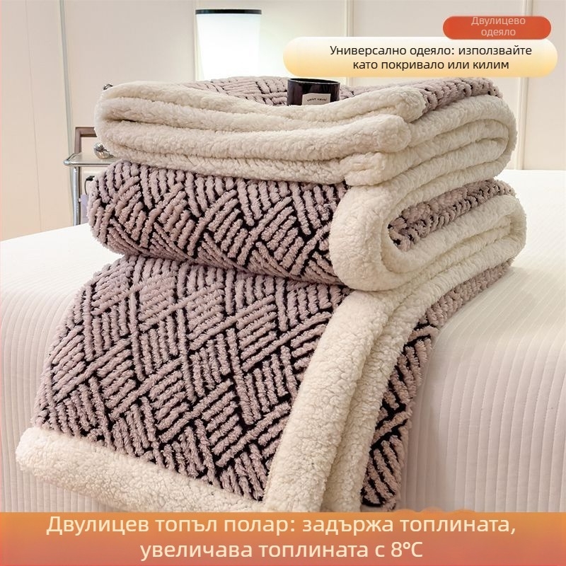Дебело флисено одеяло с двустранен велур, млечно-велур и коралов велур, геометричен модел, зимна топлина, скандинавски стил, размер 180 x 200–220 cm