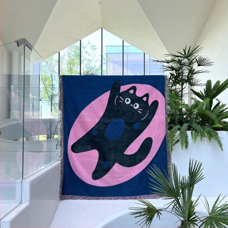 Гоблен-плед с карикатурна котка, 100% полиестер, машинно тъкане, правоъгълна форма, за всекидневна