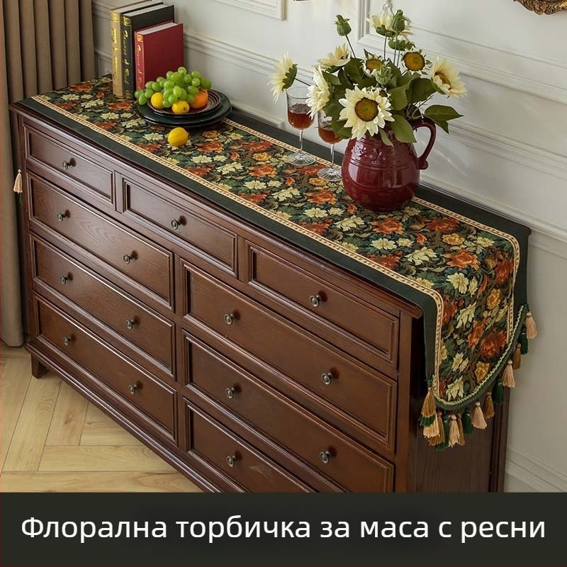 Покривка за маса с ресни в американски ретро стил за дълга маса и страничен шкаф, прахозащитна подложка, 100% полиестер, флорален мотив
