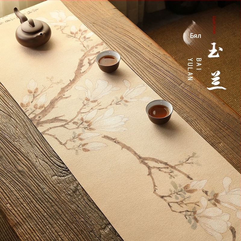 Двустранна ленена чайна подложка с геометричен принт за маса за чайна церемония, подходяща за дневна, спалня и кабинет