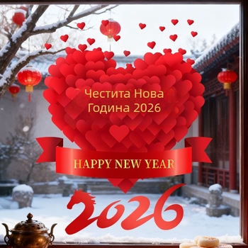 Стикер за стъклена врата за Нова година 2026, годината на коня, мотив сърце, PVC материал, електростатично залепване, празничен стил, модерен минимализъм; подходящ за дневна, спалня, кабинет, вход и т.н.