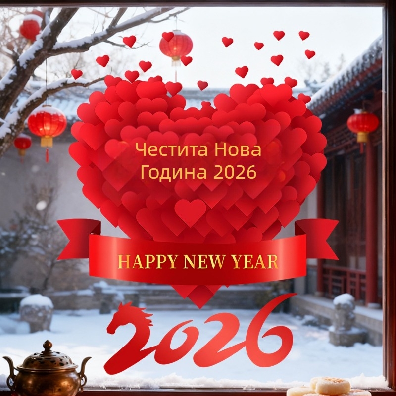 Стикер за стъклена врата за Нова година 2026, годината на коня, мотив сърце, PVC материал, електростатично залепване, празничен стил, модерен минимализъм; подходящ за дневна, спалня, кабинет, вход и т.н.