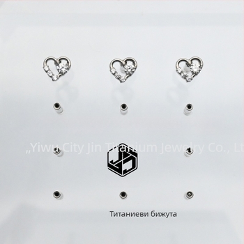 Обеци за устни с изрязано сърце и циркони, титанов сплав ASTM F-136, микро поставяне
