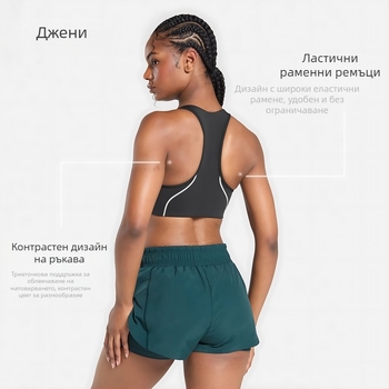Jenny женски спортен сутиен с преден цип, безшевен дизайн, чашка 3/4 със средно оформяне, подплънки за гърдите, плат найлон/спандекс 75%/25%