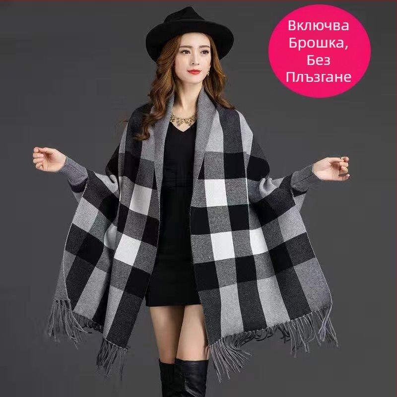 Плетен кардиган с plaid шарка и пискюли, жакардово тъкане, core-spun прежда, свободен силует