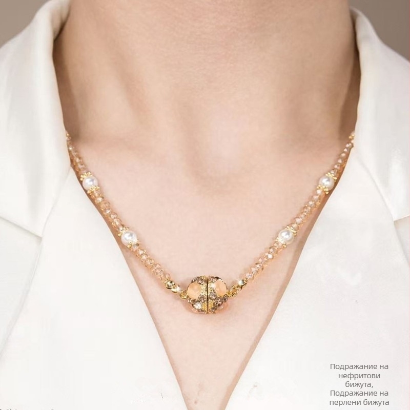 Медна огърлица с кристална топка - стил лукс, кристално инкрустиране, пролет 2025