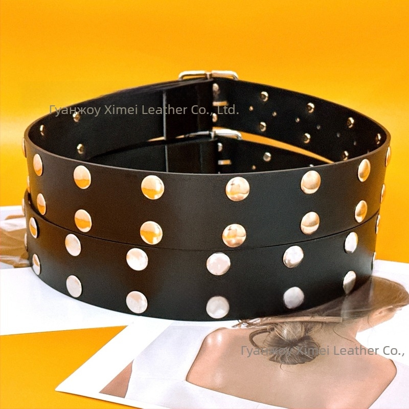 Широк колан от имитационна кожа със сплавна катарама и щифт за закопчаване, електропокритие, тегло 123 г