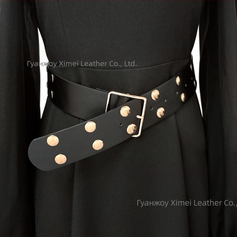 Широк колан от имитационна кожа със сплавна катарама и щифт за закопчаване, електропокритие, тегло 123 г