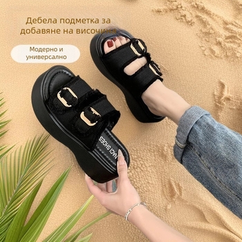Чехли с деним платформа и една презрамка – закръглен нос, гумена подметка, марка Jianbu, пролет 2025