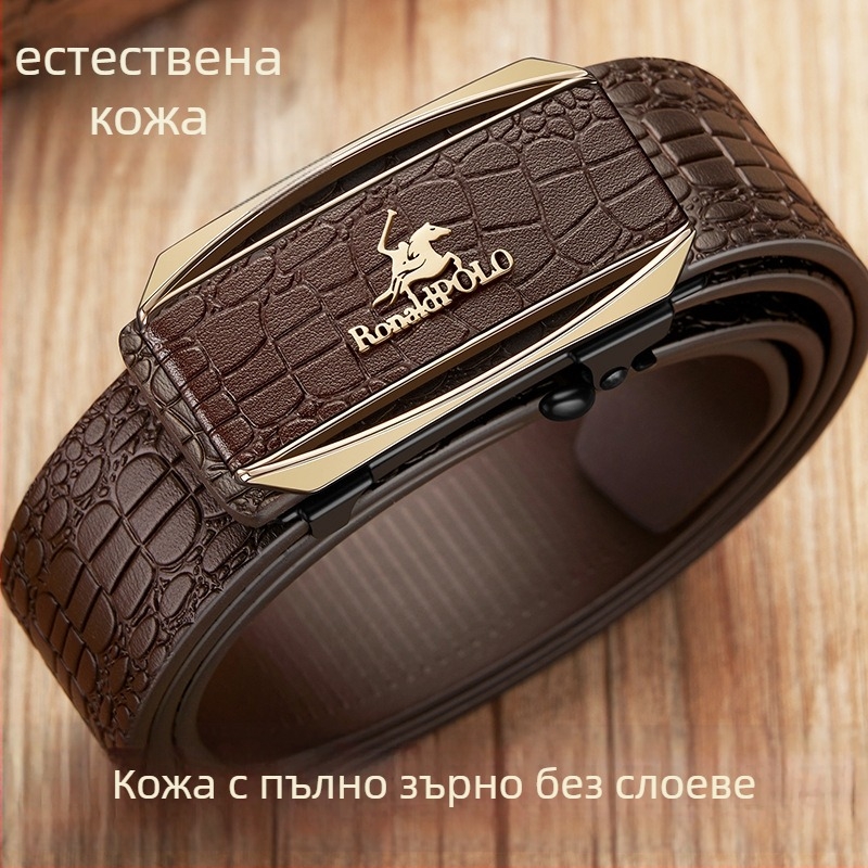 RonaldPOLO мъжки колан с крокодилски модел — естествена кожа, двуслойна кравешка кожа, автоматична катарама от сплав, тънък дизайн, електроплакиран завършек