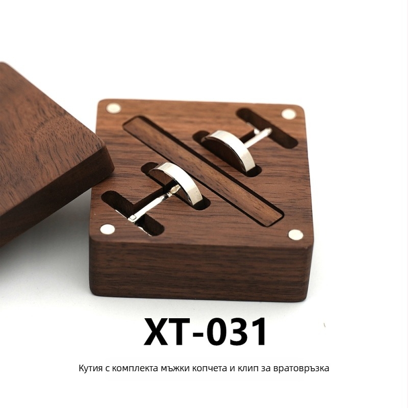 Комплект дървени маншетни копчета и клип за вратовръзка в кутия, естествен стил, унисекс, геометричен дизайн, електроплатинг покритие, кристал